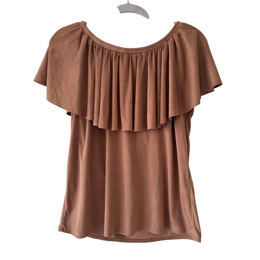 Chicos Brown Faux Suede Off-The-Shoulder Ruffled Blouse